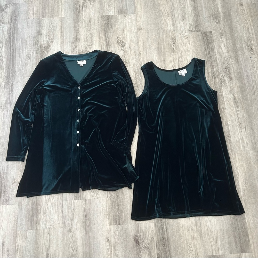VTG 90s Visions Apparel Green Velvet Set Shirt Dress Women L Goth Grunge Holiday